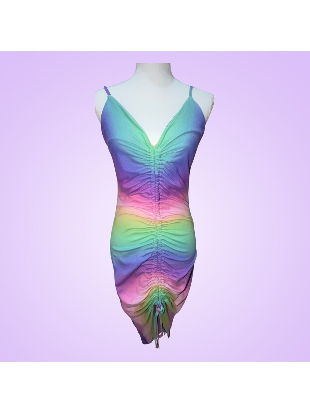 Privy Women’s Large Rainbow Ombre Ruched Drawstring Bodycon Midi Dress Y2K